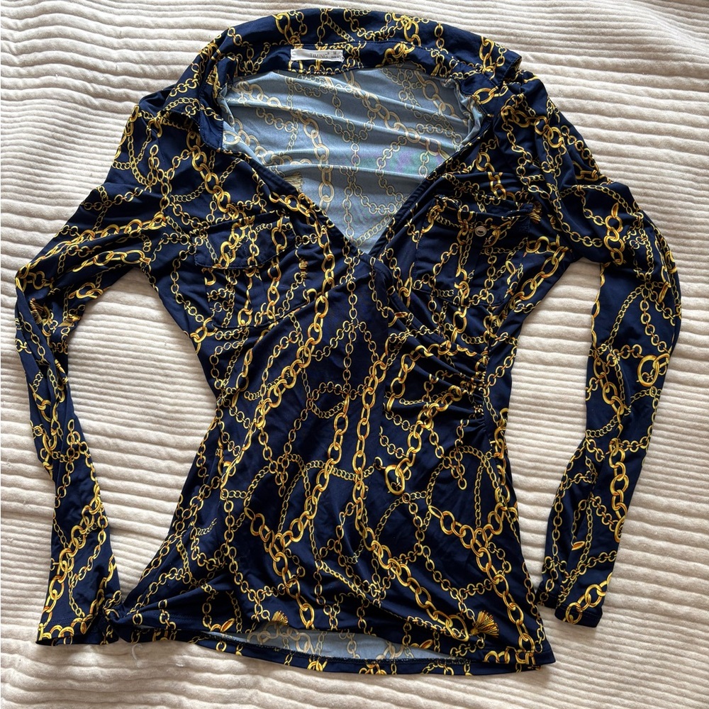 Timing Black and Gold Wrap Blouse with Notched Collar